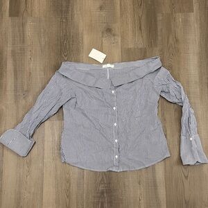 NWT Nordstrom Socialite Off the Shoulder Collared Button-up Striped Blouse